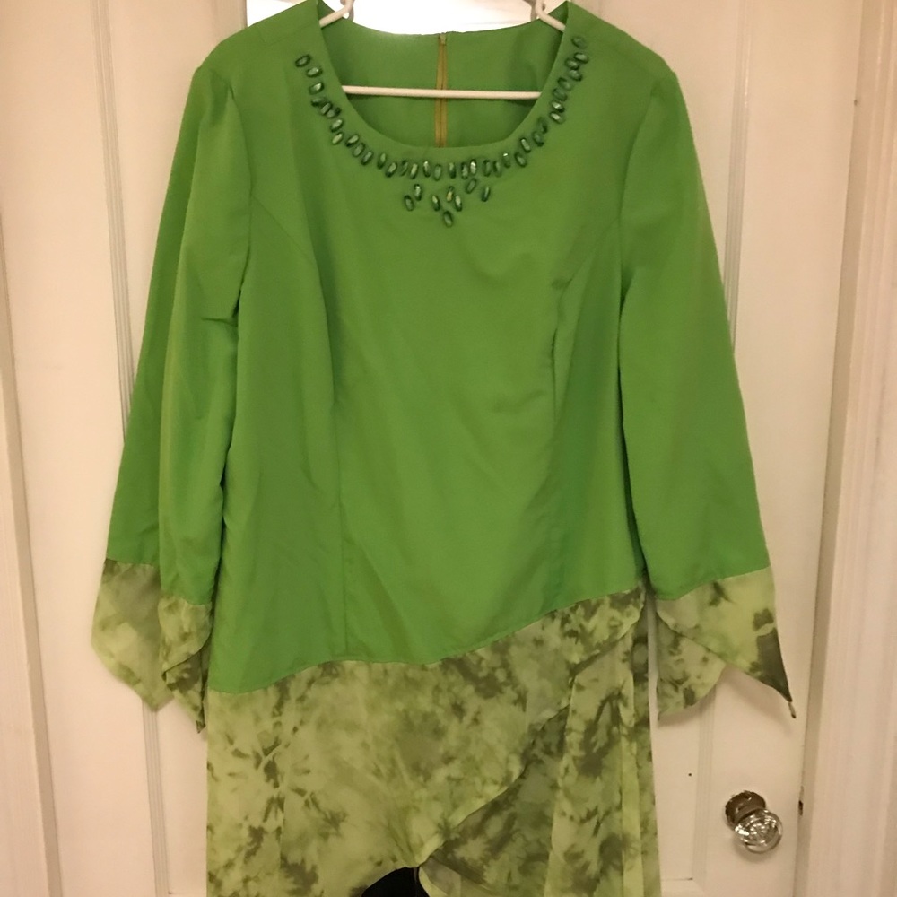 Green tunic with sheer accents and beading